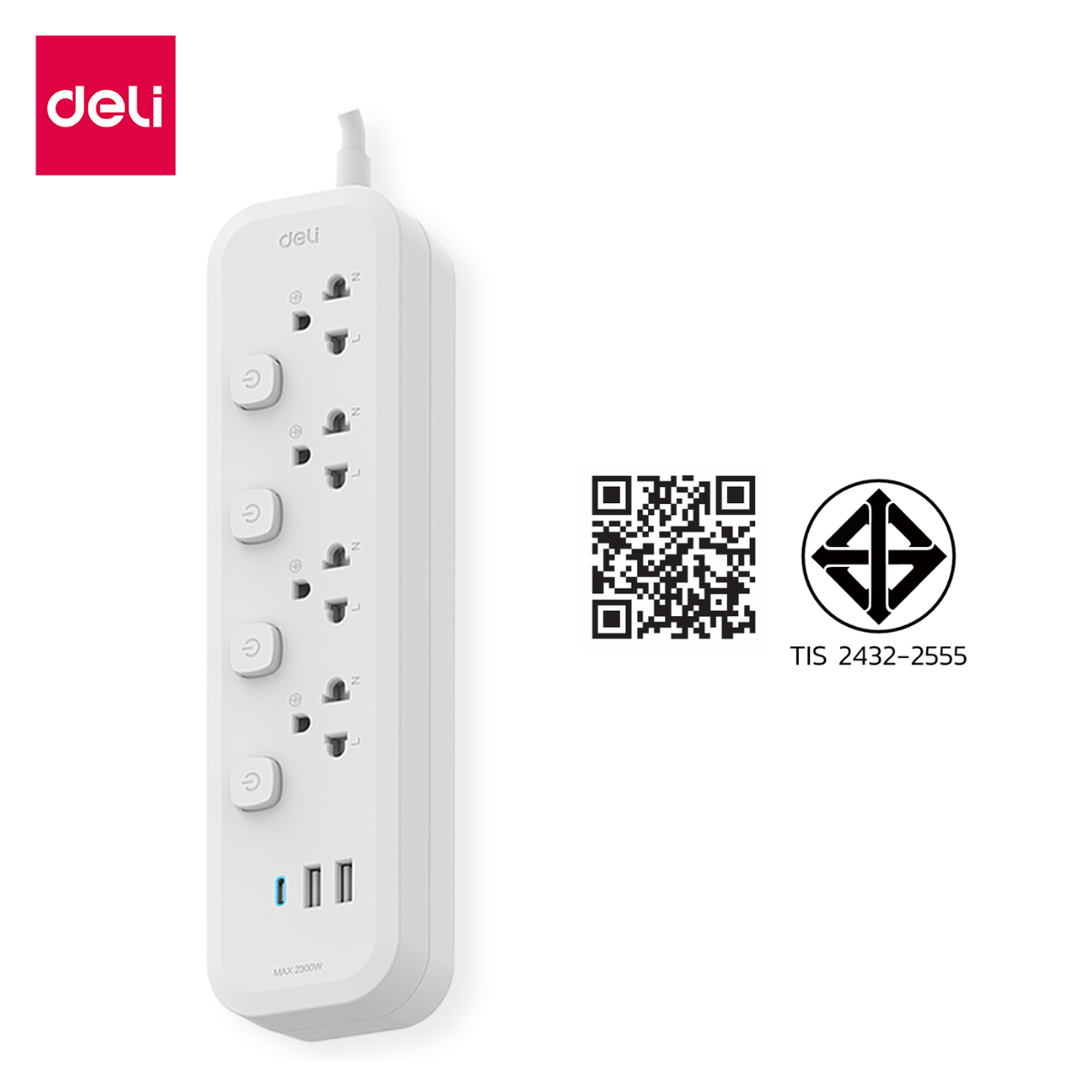 รางปลั๊กไฟ 4ช่อง 2USB 1TypeC Deli CT477-WH-01 ความยาวสาย 3 เมตร สีขาว_0